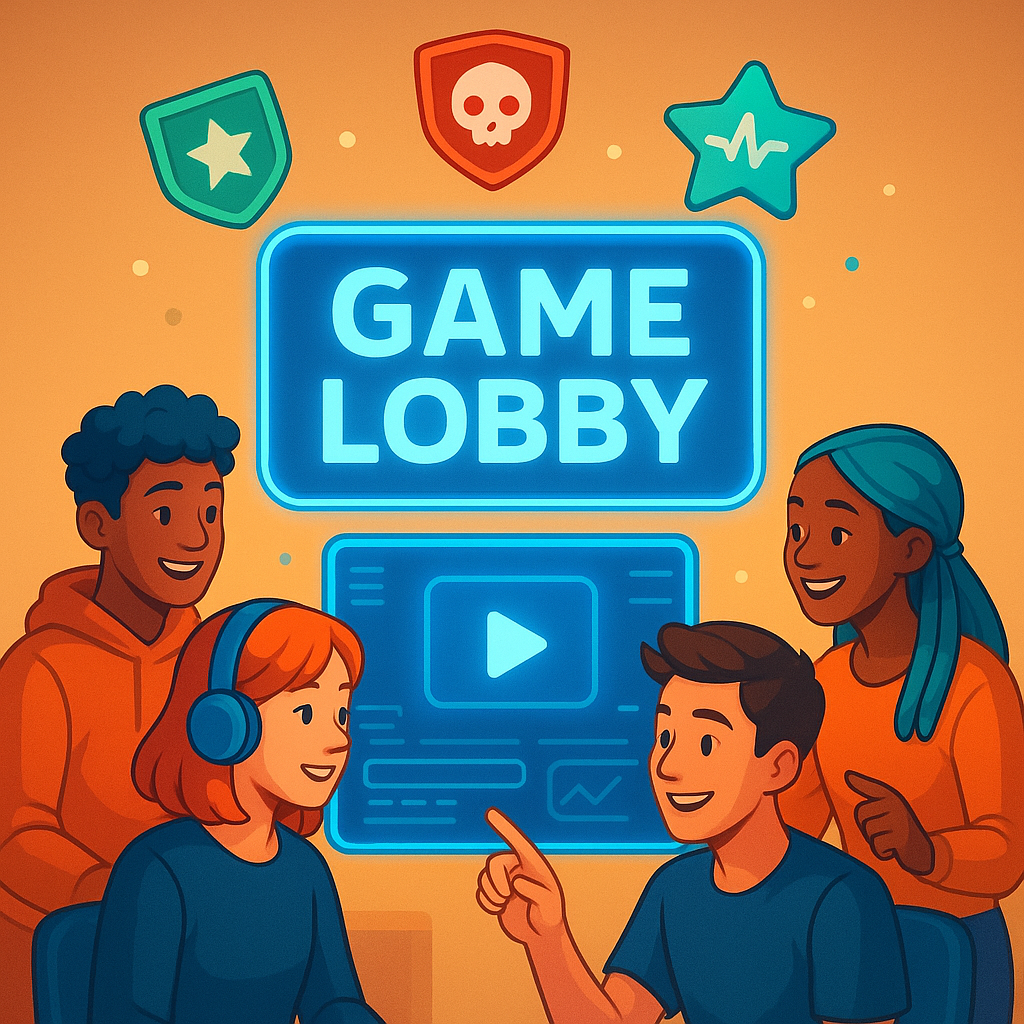ArcadeAlly lobby with players and HUD badges